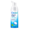 A 50 ml pump bottle of Cleara Aligner Foam Aligner Cleaner + Whitening, featuring a blue and white gradient label with mint leaf graphics, on a solid white background.