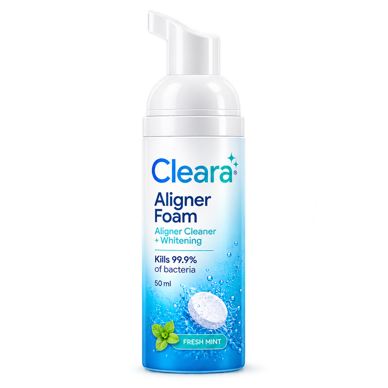 A 50 ml pump bottle of Cleara Aligner Foam Aligner Cleaner + Whitening, featuring a blue and white gradient label with mint leaf graphics, on a solid white background.