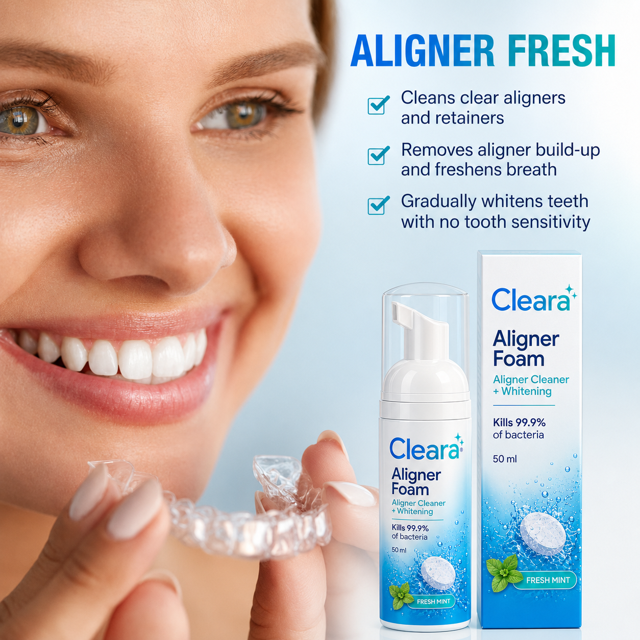 A smiling woman holds a clear aligner while showing a bottle and box of Clear+ Aligner Foam aligner cleaner and whitener. The ad includes text highlighting benefits such as cleaning clear aligners, removing build-up, freshening breath, and whitening teeth.