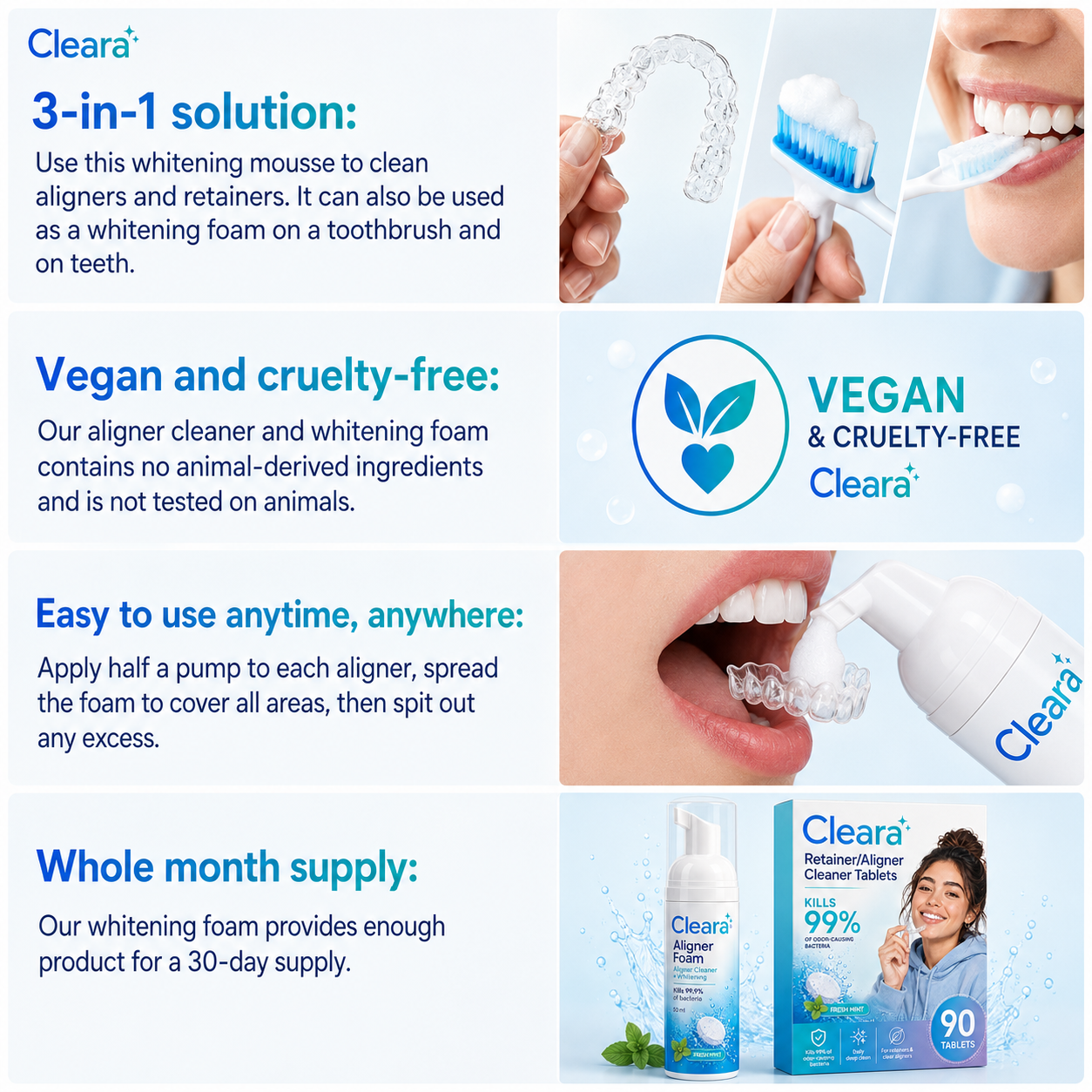 A promotional collage for Cleara whitening foam and aligner cleaner, showing text callouts, close-up photos of a mouth using the product, the foam bottle, aligners, and the retail box. The layout is light blue and white with blue text accents.